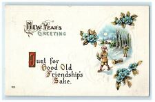 1914 New Year Greetings Boys Pulling Log Flowers Embossed Antique Postcard picture