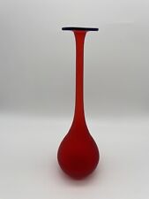 VTG Carlo Moretti? Red Frosted Glass Long Neck Vase 12” w/ Blue Band MCM picture