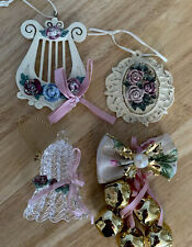 Pink Victorian Ornaments Shabby Chic Lot Of 4 Brass & Spun Glass Bells Harp picture
