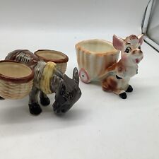 Pair Donkey Planters Ceramic Mule Pulling Cart Flower Pot Gray Brown Vintage picture