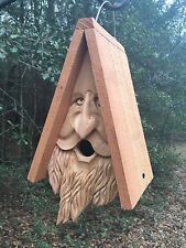 Hand Carved Wood Spirit Old Man Face Cedar Birdhouse Happy picture