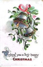 Antique Postcard Wishing you a Very Happy Christmas Bell Ribbon Green Red Holly picture