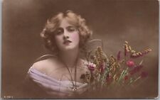 Vintage 1913 England RPPC Postcard Pretty Lady / Flowers - Hand-Colored Photo picture