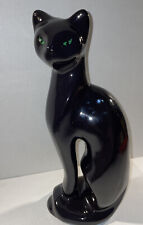 Vintage Sleek 11.25” Tall Black Smooth Ceramic Siamese Cat Figurine Green Eyes picture