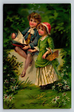 Embossed Vivid Colors Children Posing Sailboat Antique Artist German Postcard picture
