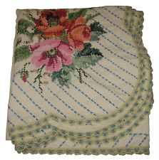 Vintage Hand Embroidered Roses Cross Stitch Crochet Trim Square Tablecloth 50x47 picture
