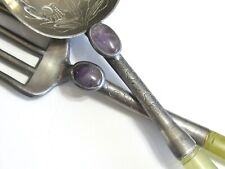 ANTIQUE CHINESE SALAD SERVING SPOON FORK SET CHINA QING DYNASTY JADE w AMETHYST  picture
