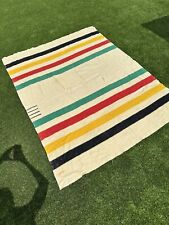 Hudson's Bay Blanket White Colorful Stripe 4 Point Wool Blanket 68”x89” England picture