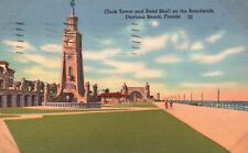 Postcard FL Daytona Beach Clock Tower & Band Shell Boardwalk 1956 Linen PC e970 picture