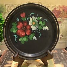 Small Tole Tray~Black Background/Hand Painted Florals~7.25” Round~Charming/NICE~ picture
