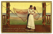 VICTORIAN HAMMOCK LOVERS KISSING, GOLD OUTLINES, 1909. picture