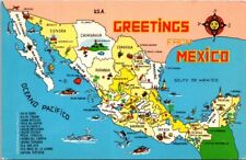 Greetings From Mexico Map Landmarks Maya Ruins Resorts Vintage Postcard picture