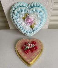 Lot Of 2 Vintage Valentine Heart Ribbon & Lace Chocolate Boxes Box Candy Blues picture