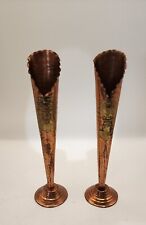  Pair Of  Copper Bud Vases With Gold Tone Aztec Design  7” Tall VTG picture