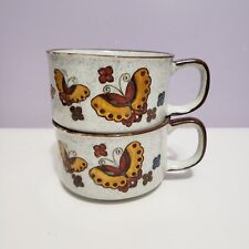 Otagiri Vintage Speckled Stoneware Butterfly Coffee Mugs Soup Cups Set of 2 picture