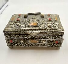Hand Crafted Moroccan (?) Silver Tone over Copper With Inlaid Stones Trinket Box picture