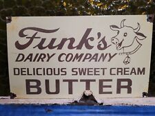 VINTAGE FUNKS PORCELAIN SIGN OLD DAIRY FARM MILK BUTTER SWEET CREAM COW CATTLE picture