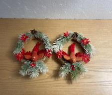Vintage Mini Christmas Wreath Retro Plastic Flowers w Flocked Red Bird MCM 7” picture