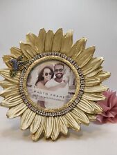 Sunflower Floral Goldtone Picture Frame Jewelry Art Rhinestone 8x8 Signed Wed picture