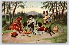 c1900s~Cats Camping~Bonfire~Playing Music~Surreal Anthropomorphic~Art Postcard picture