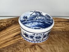 Delfts Blue Trinket Dish Box Jar with Lid Holland Hand Painted Windmill 3.5 inch picture