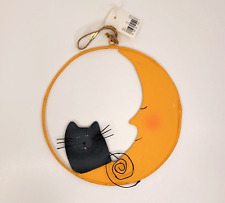 Vintage Metal Black Cat Half Moon Wall Hanging Halloween Decoration Hand Painted picture