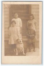 c1910's Children Siblings Front Door Terrier Dog RPPC Photo Antique Postcard picture