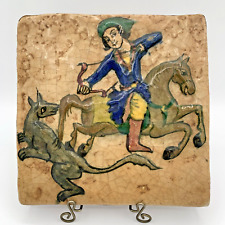 Persian Tile Archer Prince Horse Tiger Antique Early 19th Century Primative picture