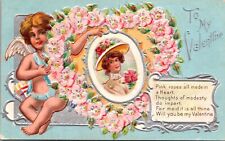Valentine Postcard Cupid Cherub Angel Woman's Portrait and Heart of Flowers picture