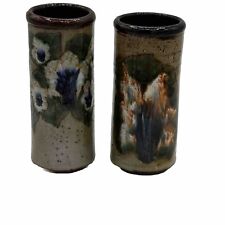 Antigua Pottery Vases Set Of 2 Signed Stoneware 4 Inch Floral Tan Brown Blue picture