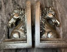 Vintage Silver Gold Distressed Pair Horse Head Book Ends Bookends Heavy 8.5x4.5” picture