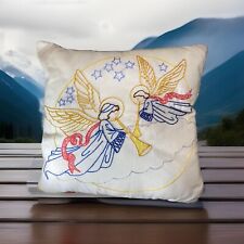Vintage Embroidered Angels Playing Horns Pillow  12” x 13” picture
