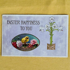 c1910's Postcard Easter Happiness To You Chick Lillies & Other Flowers Embossed picture