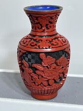 Vintage Chinese Flower Vase Landscape Replica Carved Resin Cinnabar Lacquer 4