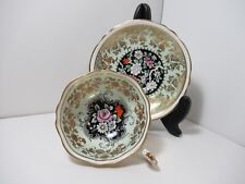 PARAGON ENGLISH CHINA TEA CUP&SAUCER  LIGHT GREEN GOLD BLACK WI FLORAL DESIGN picture