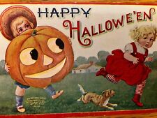Antique Postcard Halloween Scarce Boy Scaring Girl JOL jack O Lantern Nice picture
