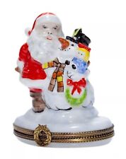 RARE Limoges France Peint Main LYNN HANEY Santa w/ Snowman Christmas Trinket Box picture