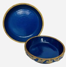 Vintage Clay City Pottery Blue Stoneware Pie Plates Floral 8” & 10” Set Of 2 picture