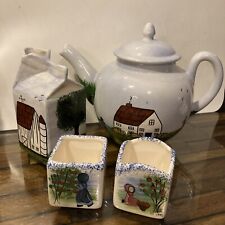 Hand Painted Ceramic Tea Pot Creamer Sugar Set Amish Countryside Scene picture
