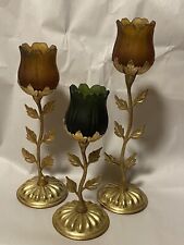 Set of 3 VTG Faroy Amber Satin Glass Tulip Votive Holders Gold Color Candlestick picture
