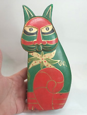 Laurel Burch Style Wood Cat Handpainted Folk Art Kitty Figurine 7 3/4” Vintage picture