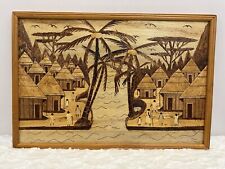 Mid-Century African Colonial Art Work with Inlaid Wood, 1960s Rare 25” X 17” picture