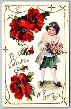 Antique Valentines Postcard With Best Love Red Flowers Pink Rose Boquet Boy J3 picture