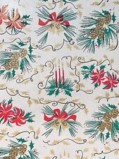 VTG 1950's CHRISTMAS WRAPPING PAPER 2 YARDS GIFT WRAP PINECONE CANDLE BELLS picture