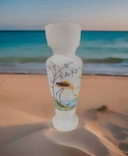 White Opaline Bristol Antique Vase with Ruffled Rim Flamingo Crane 12” Tall picture