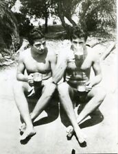 Shirtless Handsome young men  couple beer bulge beach trunks gay vtg photo picture