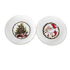 Jasco Christmas Cookie Plates 22k Gold Santa Claus & Tree Porcelain Pair picture