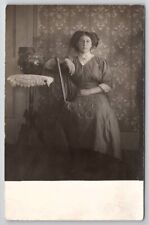 RPPC Lovely Victorian Woman Pretty Dress Seated In Parlor For Photo Postcard P29 picture