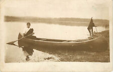 RPPC Woman on Canoe W/ Douglas Pennant WWI Patriotic Soldier Boys Haugen WI picture