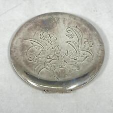 Vtg Round Silverplate Purse Vanity Pocket Compact With Mirror Engraved Flowers picture